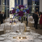 Load image into Gallery viewer, Decorative floral arrangement on a table with candles and glasses in a formal setting.
