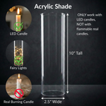 Load image into Gallery viewer, Clear acrylic shade for LED candles with dimensions and usage instructions on a dark background
