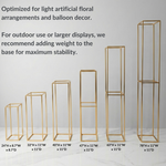 Load image into Gallery viewer, Set of gold metal display stands with dimensions on a white background
