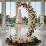 Load image into Gallery viewer, Wedding cake with floral arch in a elegant indoor setting

