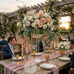 Load image into Gallery viewer, Outdoor wedding reception with guests seated at a table adorned with floral centerpieces and candles.
