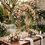 Load image into Gallery viewer, Decorative outdoor setting with floral arches and a table set for a meal.

