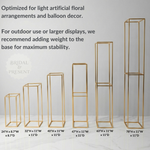 Load image into Gallery viewer, Set of gold metal display stands with dimensions on a white background
