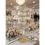 Load image into Gallery viewer, Decorative gold and crystal table centerpiece on a elegantly set table with flowers and candles.
