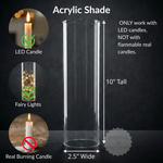 Load image into Gallery viewer, Acrylic shade for LED candles with dimensions and usage instructions on a dark background
