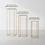 Load image into Gallery viewer, Three gold metal stands of different heights with dimensions labeled on a white background.

Flower Stand, Wedding Centerpiece, Geometric Stand, Pedestal Stand, Floral Riser. Gold Metal Stand, Heavy Duty, Modern Wedding Decor, Event Centerpiece, Aisle Pedestal, Collapsible Stand.
