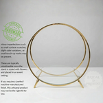 Load image into Gallery viewer, Gold circular stand with text about handmade quality on a white background
