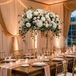 Load image into Gallery viewer, Decorative floral arrangement on a table with candles and chairs in a room with draped curtains.
