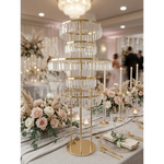 Load image into Gallery viewer, Decorative gold and crystal table centerpiece on a elegantly set table with flowers and candles.
