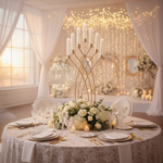 Load image into Gallery viewer, Elegant wedding table setting with floral centerpiece, candles, and decorative lights.
