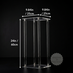 Load image into Gallery viewer, Clear acrylic display stand with measurements on a black background
