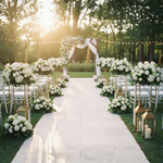 Load image into Gallery viewer, Decorative wedding aisle with white flowers and lanterns in a garden setting.

Flower Stand, Wedding Centerpiece, Geometric Stand, Pedestal Stand, Floral Riser. Gold Metal Stand, Heavy Duty, Modern Wedding Decor, Event Centerpiece, Aisle Pedestal, Collapsible Stand.
