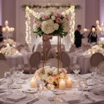 Load image into Gallery viewer, Decorated table with floral centerpieces, candles, and glasses in a banquet hall.

Harlow flower stand, gold wedding centerpiece stand, geometric floral riser, metal column vase, Tall centerpiece stand, wedding table decorations, heavy duty flower stand, gold pedestal stand.
