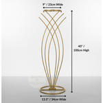 Load image into Gallery viewer, Gold metal stand with dimensions labeled on a white background
