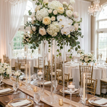 Load image into Gallery viewer, Elegant wedding reception with floral centerpieces and table settings.
