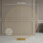 Load image into Gallery viewer, Gold circular room divider with dimensions against a neutral wall.
