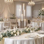 Load image into Gallery viewer, Elegant wedding reception setup with tables, chairs, and floral decorations.

