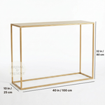 Load image into Gallery viewer, Gold console table with dimensions on a white background
