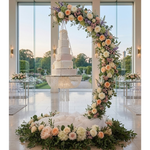 Load image into Gallery viewer, 7ft Suspended Wedding Cake Swing Stand &amp; Floral Arch - Gold Metal Hanging Backdrop(Chandelier Cake Stand Sold Separately)

