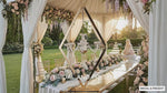 Load and play video in Gallery viewer, 47" Tall Gold Candelabra &amp; Geometric Flower Stand – Modern Wedding Centerpiece for Reception Tables &amp; Events (Set of 2)
