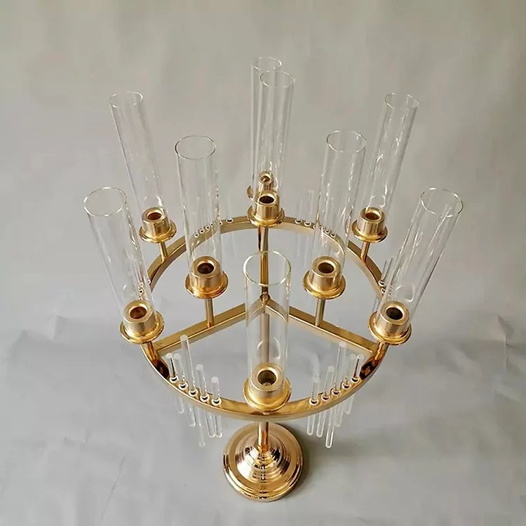 Set Of 4 Gold Metal Pillar Candle Holders, Wedding, Centerpieces