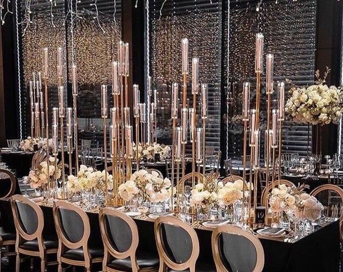 Tall Candelabra stand for wedding is perfect for wedding table arrangements. Inspired by wedding centerpiece ideas, DIY wedding centerpieces for round tables by using our tall gold centerpieces, flower column stands and boho wedding centerpieces at bridal shower, wedding reception, rehearsal dinner parties, and events.