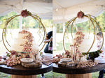 Load image into Gallery viewer, Sturdy hoop cake stand for wedding is perfect for wedding table arrangements. Inspired by wedding centerpiece ideas, DIY wedding centerpieces for round tables by using our tall gold centerpieces, flower column stands and boho wedding centerpieces at bridal shower, wedding reception, rehearsal dinner parties, and events.
